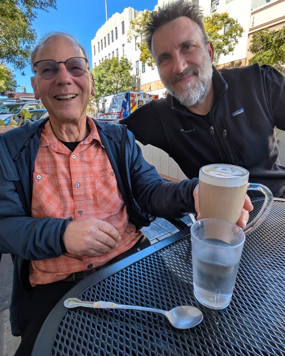 Tom Koppel and Chris from mimofit meeting over coffee. Open the Instagram post.
